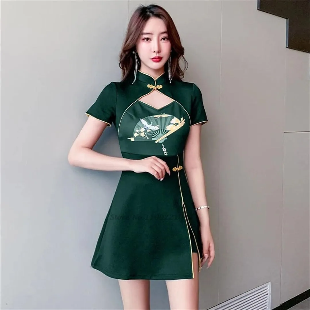 Women Chinese Dress Improved Cheongsam National Flower Print Qipao Dress Shorts Set Hotel Spa Work Qipao