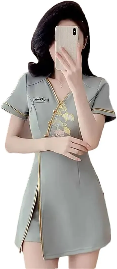 Women Chinese Qipao Dress And Shorts EN8 Flower Embroidery Two Pieces Set