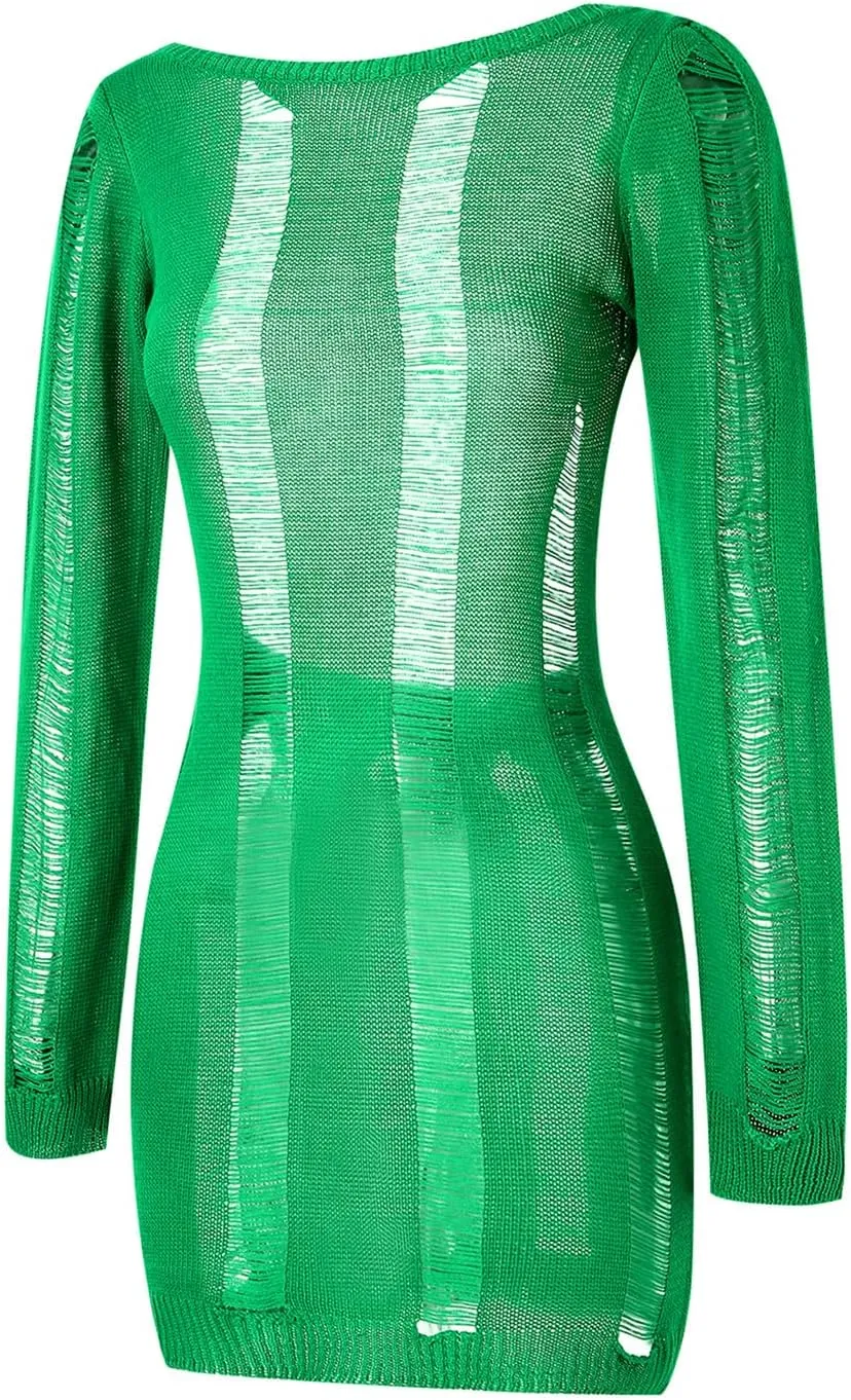 Women Crochet Knitted Dress Hollow Out Backless Long Sleeve Mini Casual Sweater Dress Y2K Beach Cover Ups Streetwear