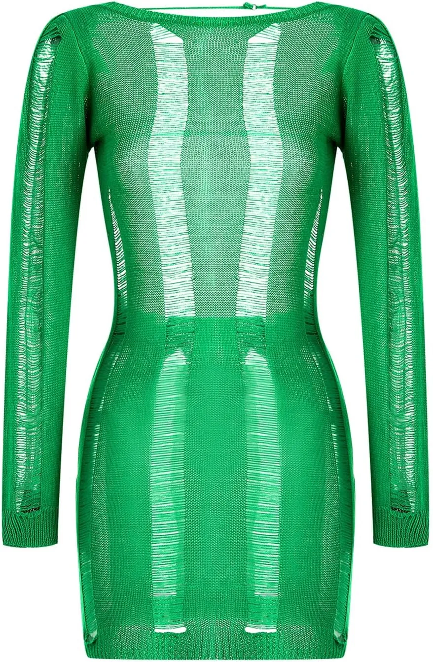 Women Crochet Knitted Dress Hollow Out Backless Long Sleeve Mini Casual Sweater Dress Y2K Beach Cover Ups Streetwear