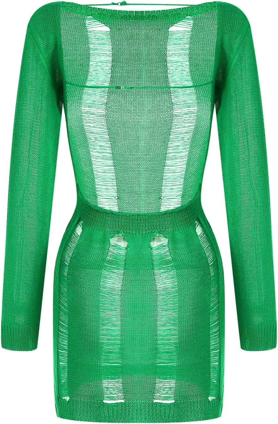 Women Crochet Knitted Dress Hollow Out Backless Long Sleeve Mini Casual Sweater Dress Y2K Beach Cover Ups Streetwear