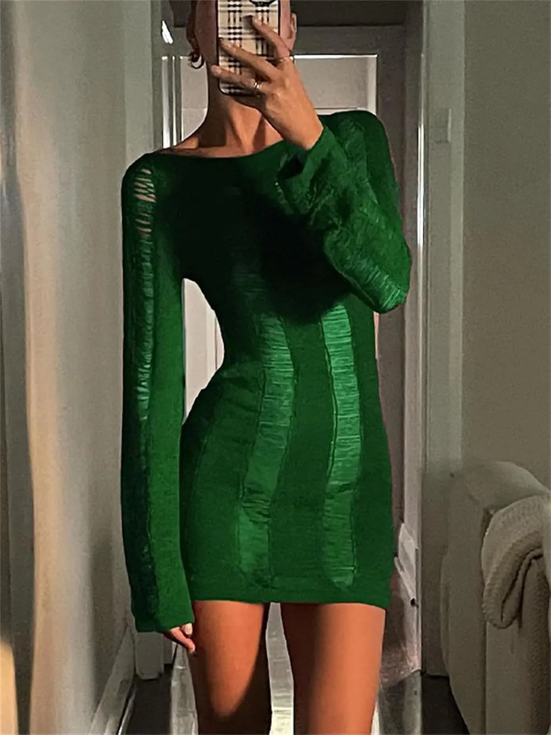 Women Crochet Knitted Dress Hollow Out Backless Long Sleeve Mini Casual Sweater Dress Y2K Beach Cover Ups Streetwear