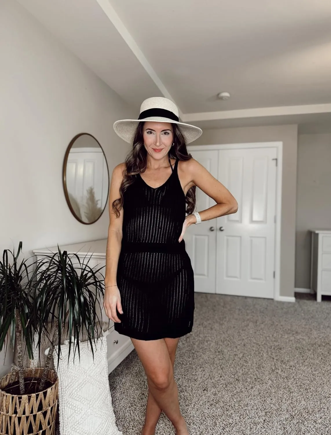 Women Crochet Swimsuit Cover Up Mini Dress Summer Sleeveless Cover-Up V Neck Beachwear
