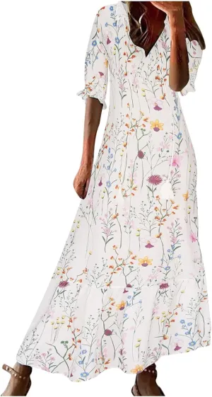 Women Elbow Sleeve V Neck Maxi Dress Fashion Grahpic Design Long Dresses Vintage A Line Casual Sundress
