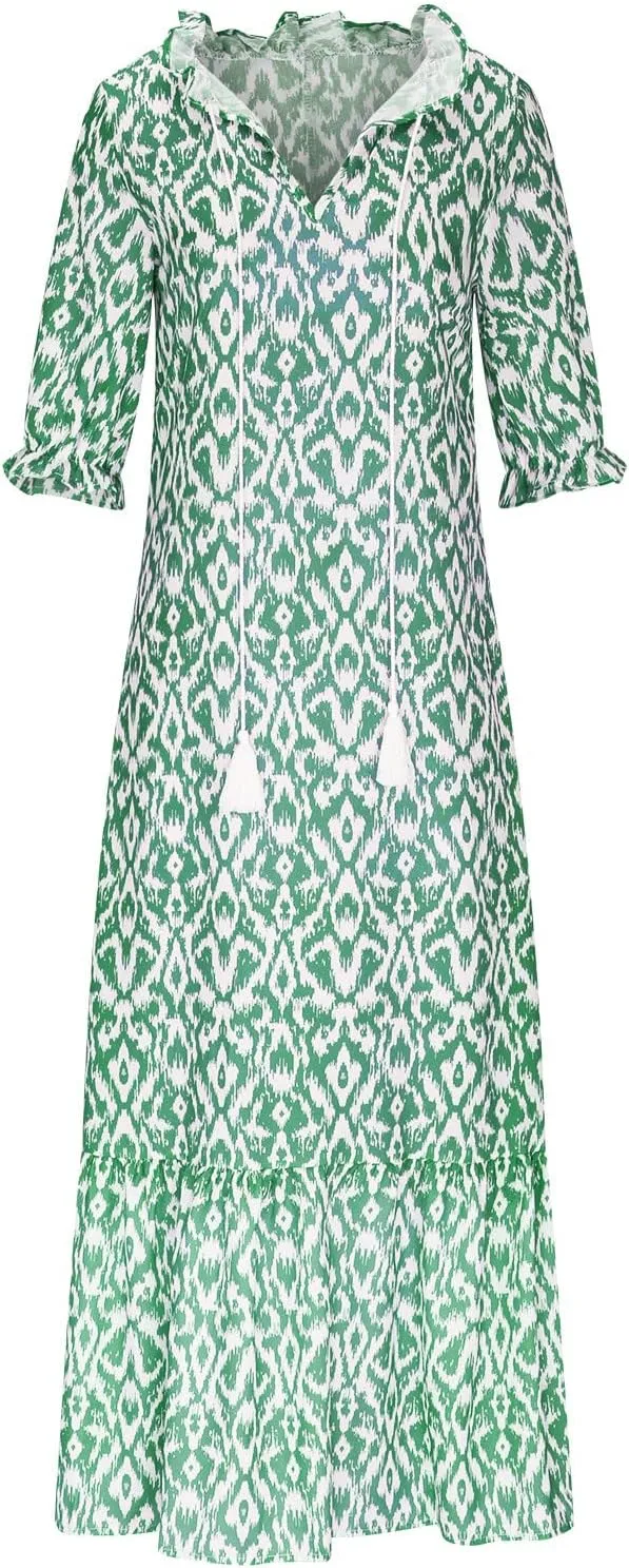 Women Elbow Sleeve V Neck Maxi Dress Fashion Grahpic Design Long Dresses Vintage A Line Casual Sundress