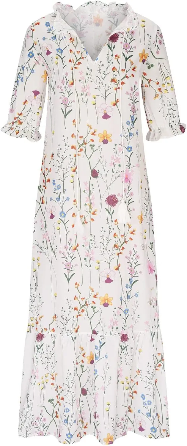 Women Elbow Sleeve V Neck Maxi Dress Fashion Grahpic Design Long Dresses Vintage A Line Casual Sundress