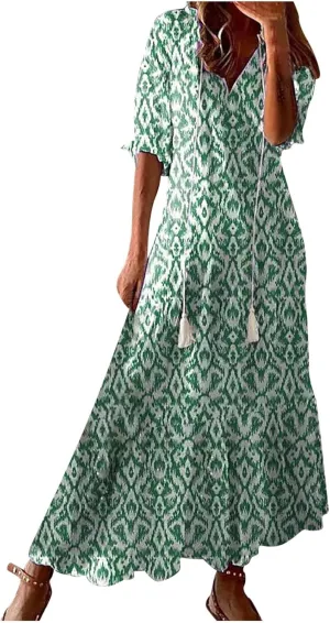 Women Elbow Sleeve V Neck Maxi Dress Fashion Grahpic Design Long Dresses Vintage A Line Casual Sundress