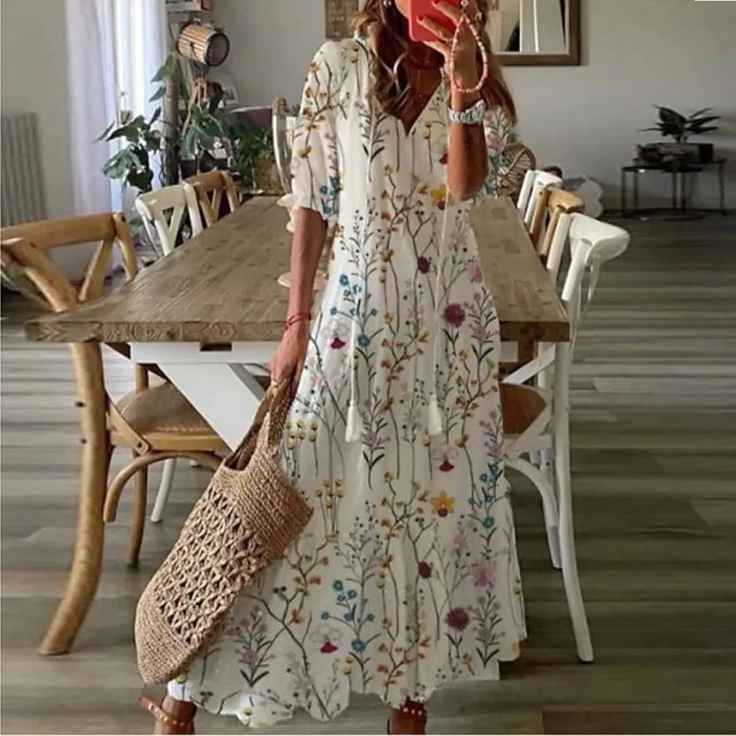Women Elbow Sleeve V Neck Maxi Dress Fashion Grahpic Design Long Dresses Vintage A Line Casual Sundress