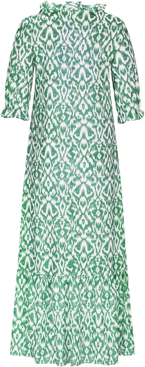 Women Elbow Sleeve V Neck Maxi Dress Fashion Grahpic Design Long Dresses Vintage A Line Casual Sundress