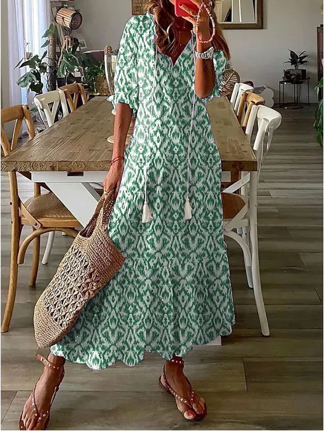Women Elbow Sleeve V Neck Maxi Dress Fashion Grahpic Design Long Dresses Vintage A Line Casual Sundress