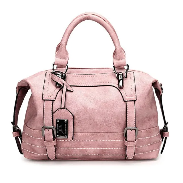 Women Leather Rivets Tassel Pink  Handbag