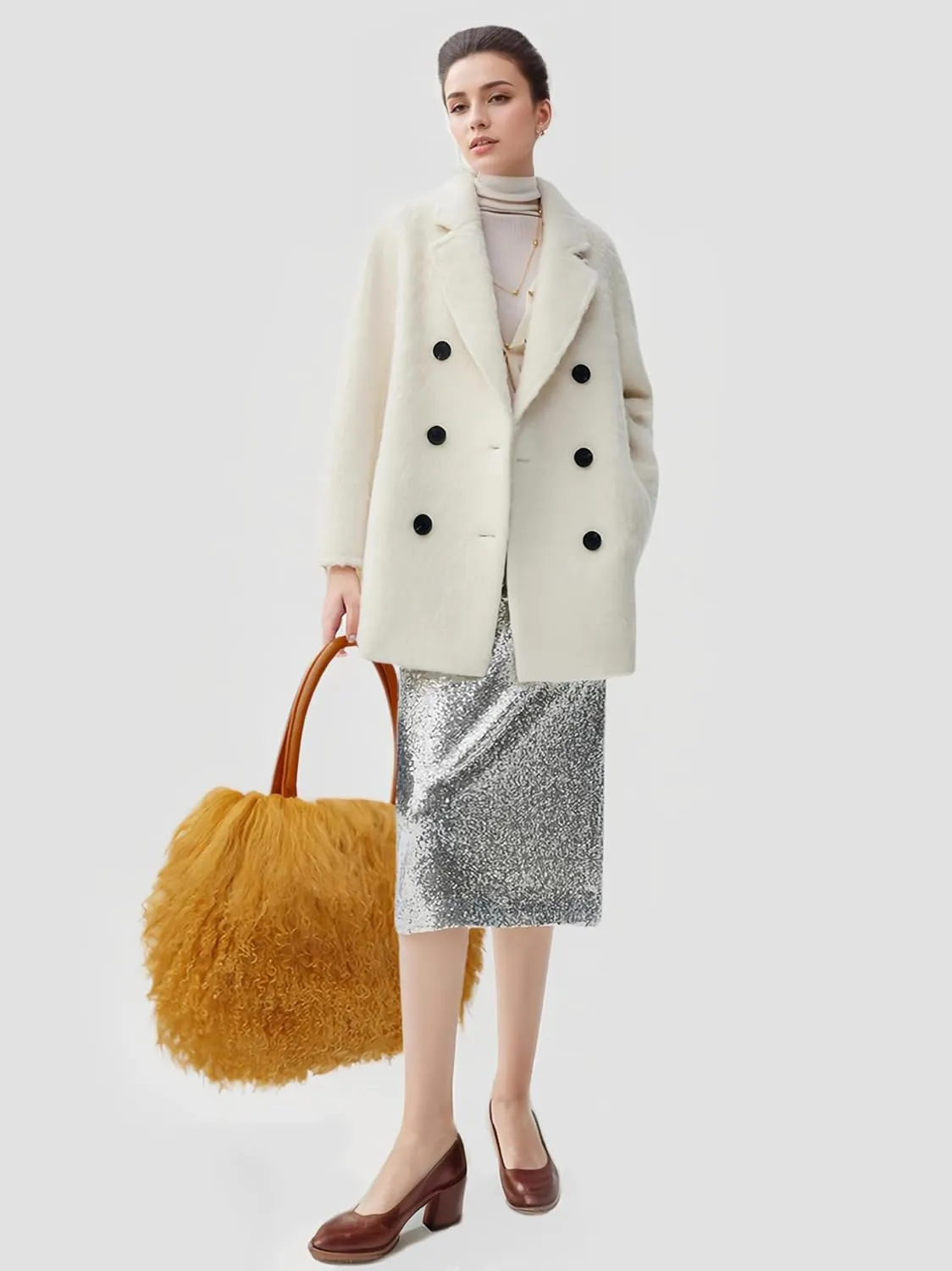 Women Luxury Real Lamb Mongolian Flush Wool Fur With Genuine Leather Handles Handbag