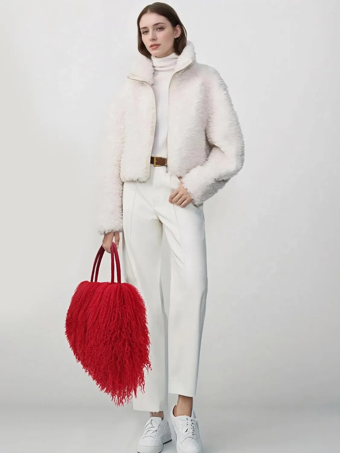 Women Luxury Real Lamb Mongolian Flush Wool Fur With Genuine Leather Handles Handbag