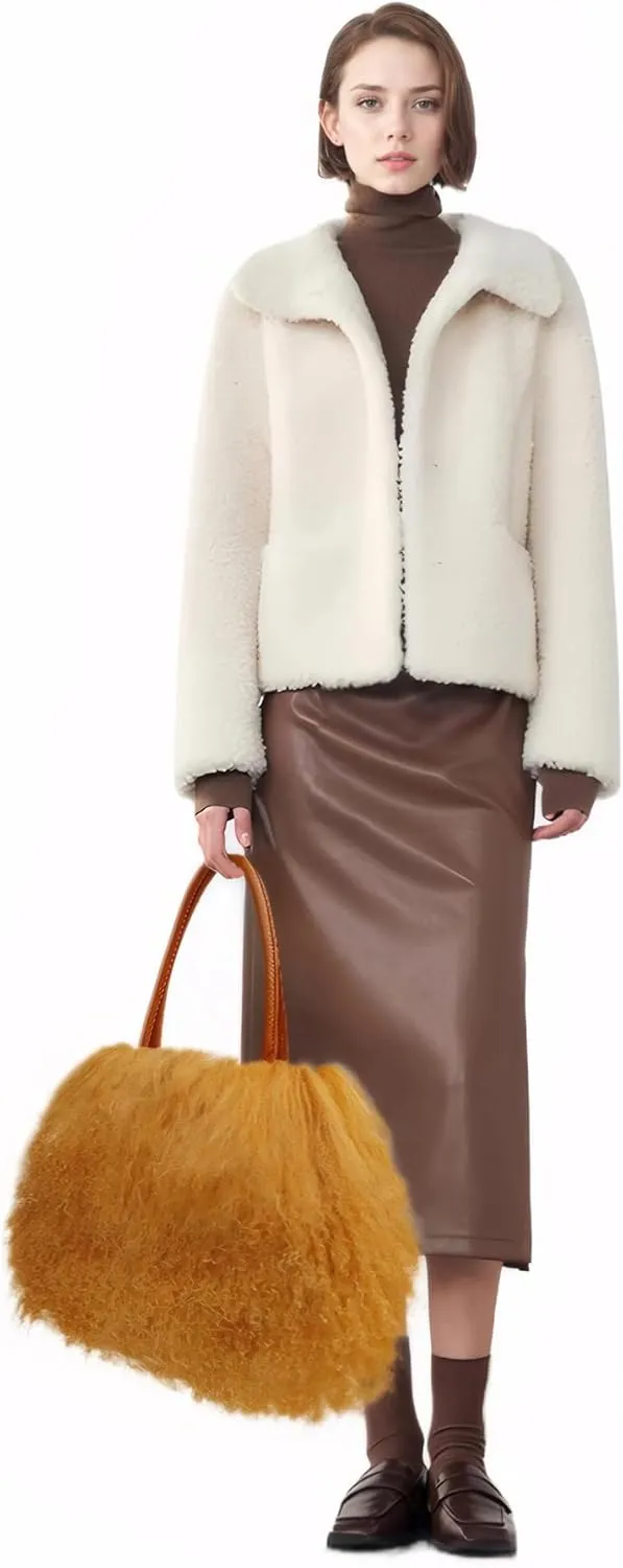 Women Luxury Real Lamb Mongolian Flush Wool Fur With Genuine Leather Handles Handbag