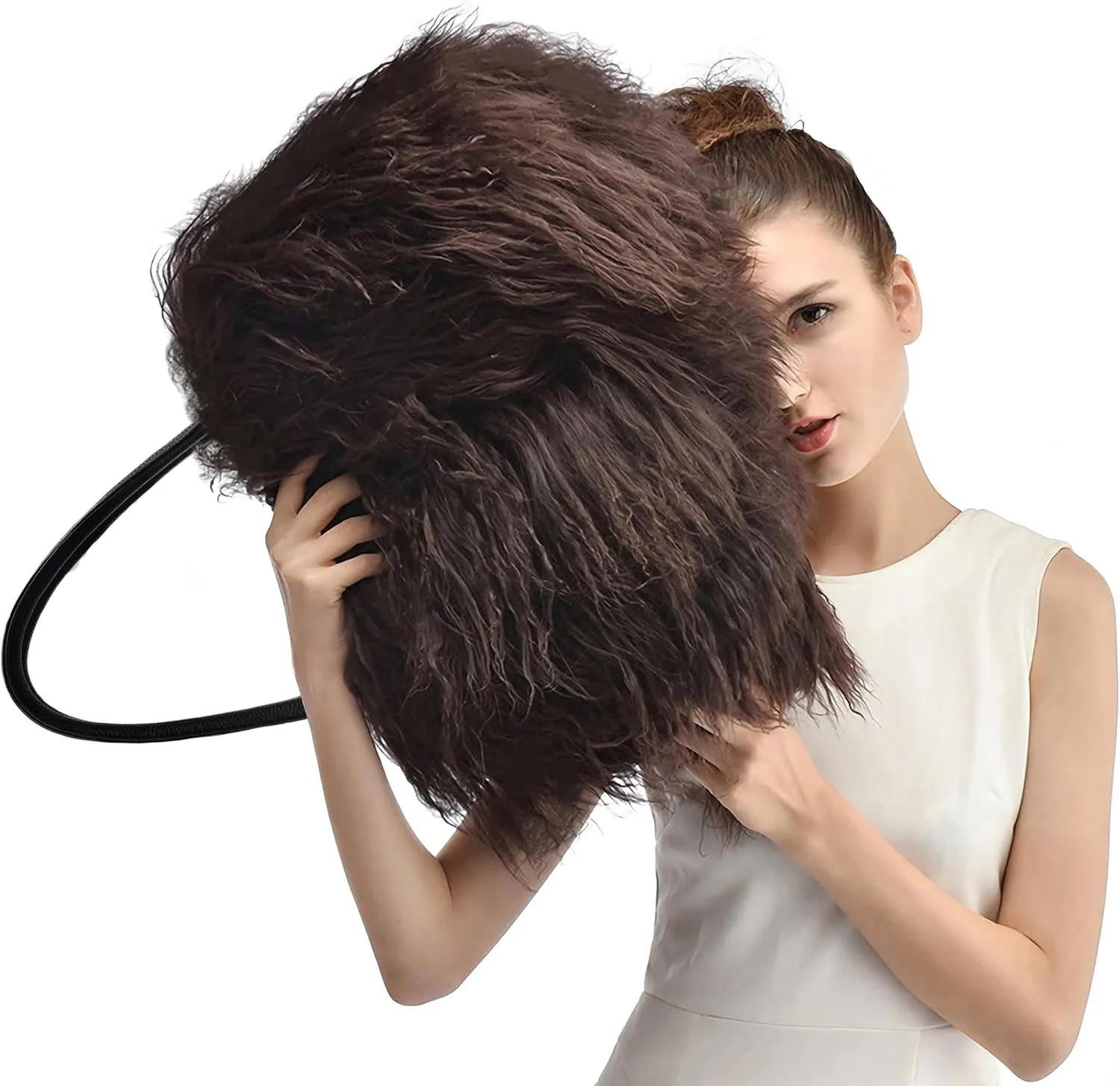 Women Luxury Real Lamb Mongolian Flush Wool Fur With Genuine Leather Handles Handbag