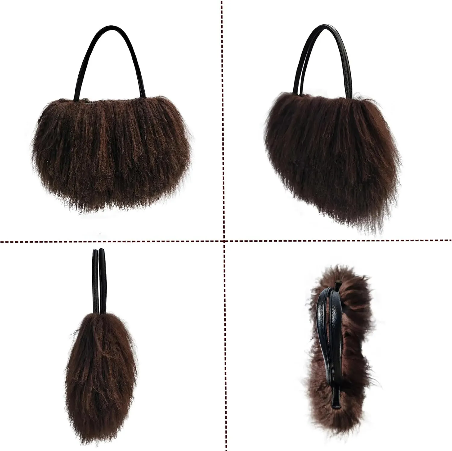 Women Luxury Real Lamb Mongolian Flush Wool Fur With Genuine Leather Handles Handbag