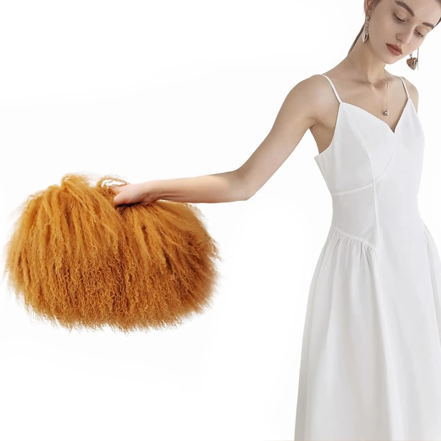 Women Luxury Real Lamb Mongolian Flush Wool Fur With Genuine Leather Handles Handbag