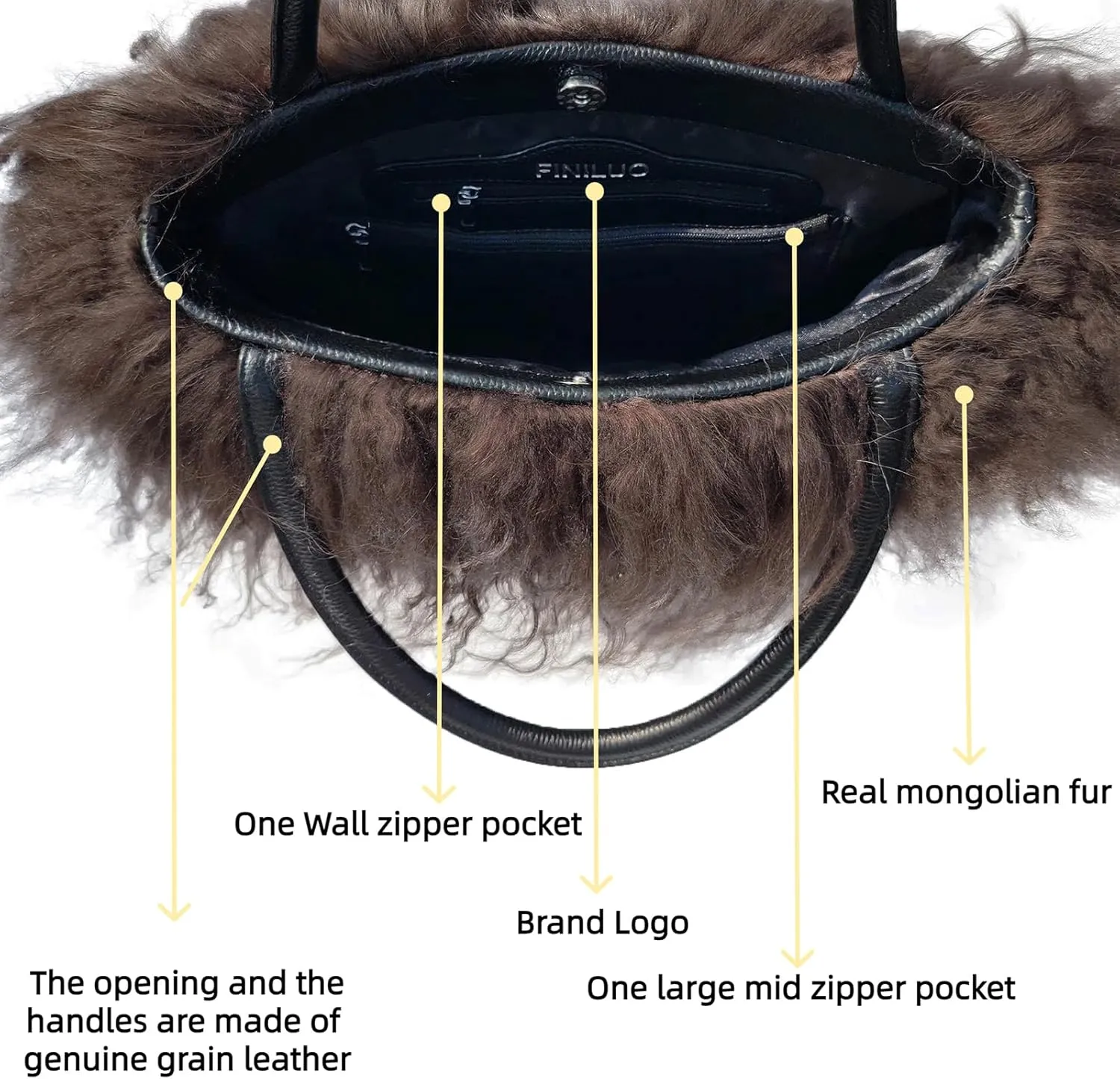 Women Luxury Real Lamb Mongolian Flush Wool Fur With Genuine Leather Handles Handbag