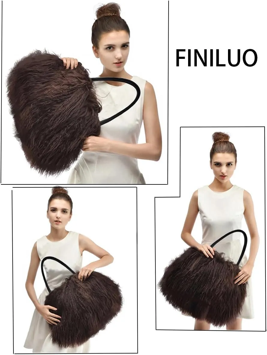 Women Luxury Real Lamb Mongolian Flush Wool Fur With Genuine Leather Handles Handbag