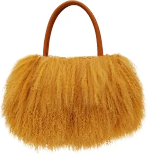Women Luxury Real Lamb Mongolian Flush Wool Fur With Genuine Leather Handles Handbag