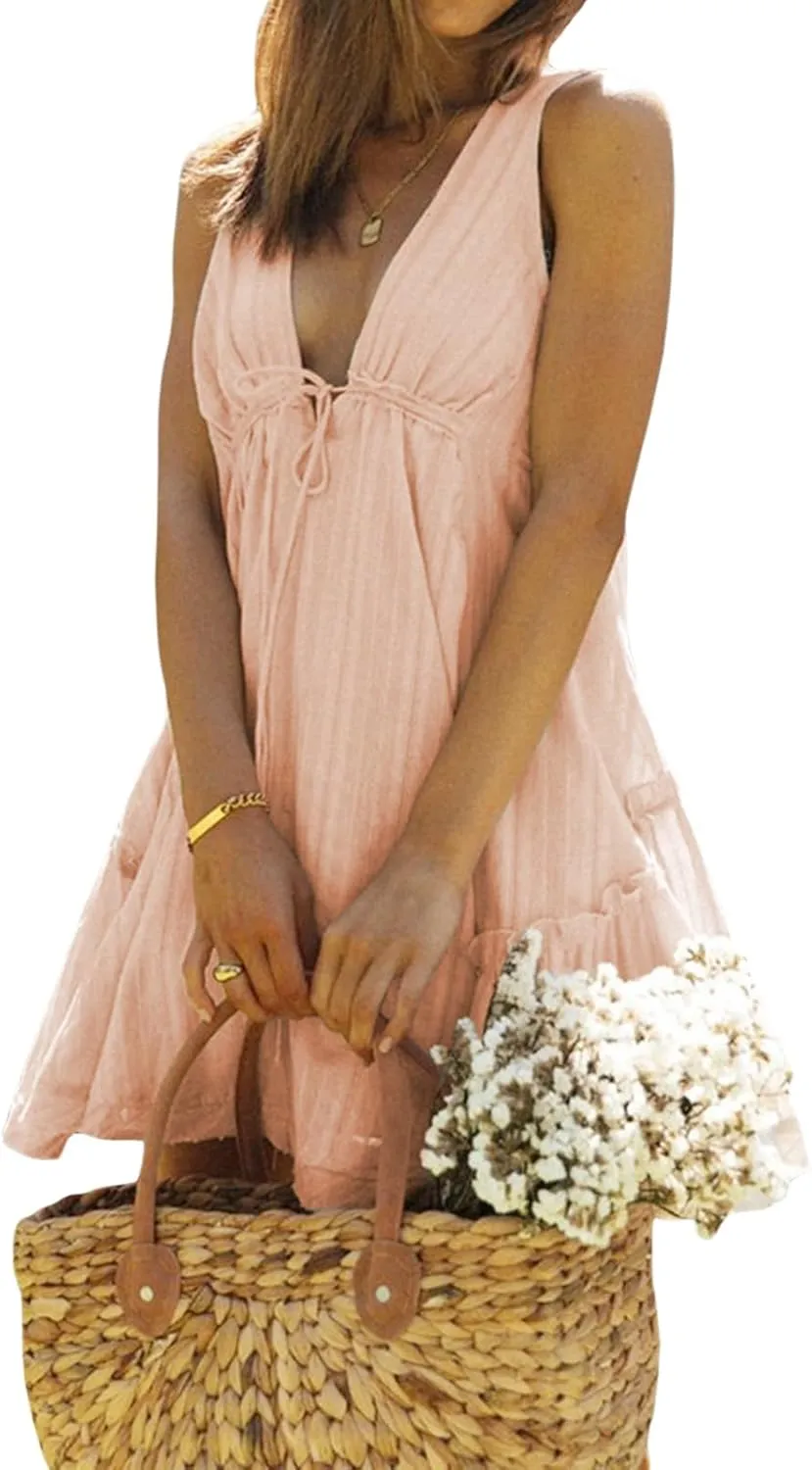 Women Summer Casual A-line Dress Solid Color Deep V-Neck Tie-Up Mini Dresses Fashion Backless Tank Sundress