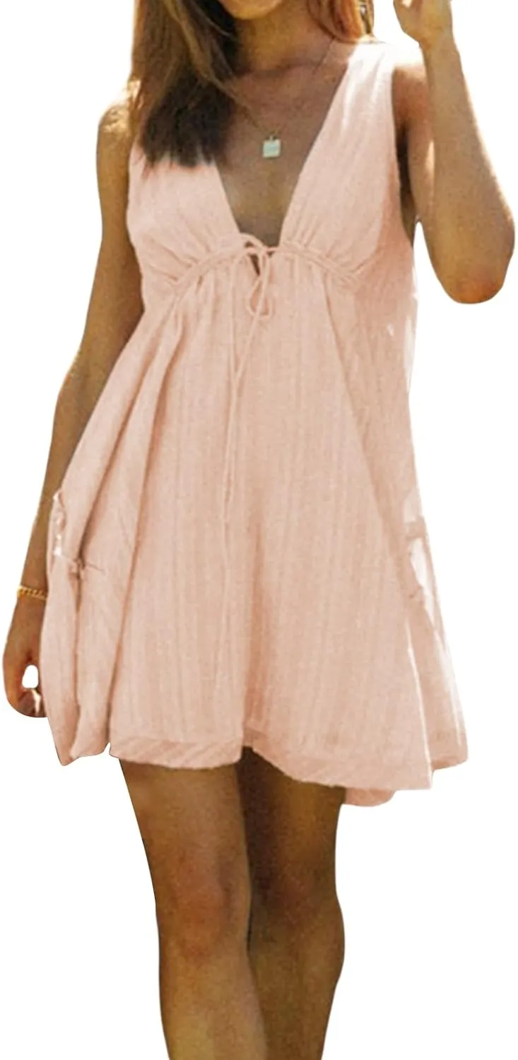 Women Summer Casual A-line Dress Solid Color Deep V-Neck Tie-Up Mini Dresses Fashion Backless Tank Sundress