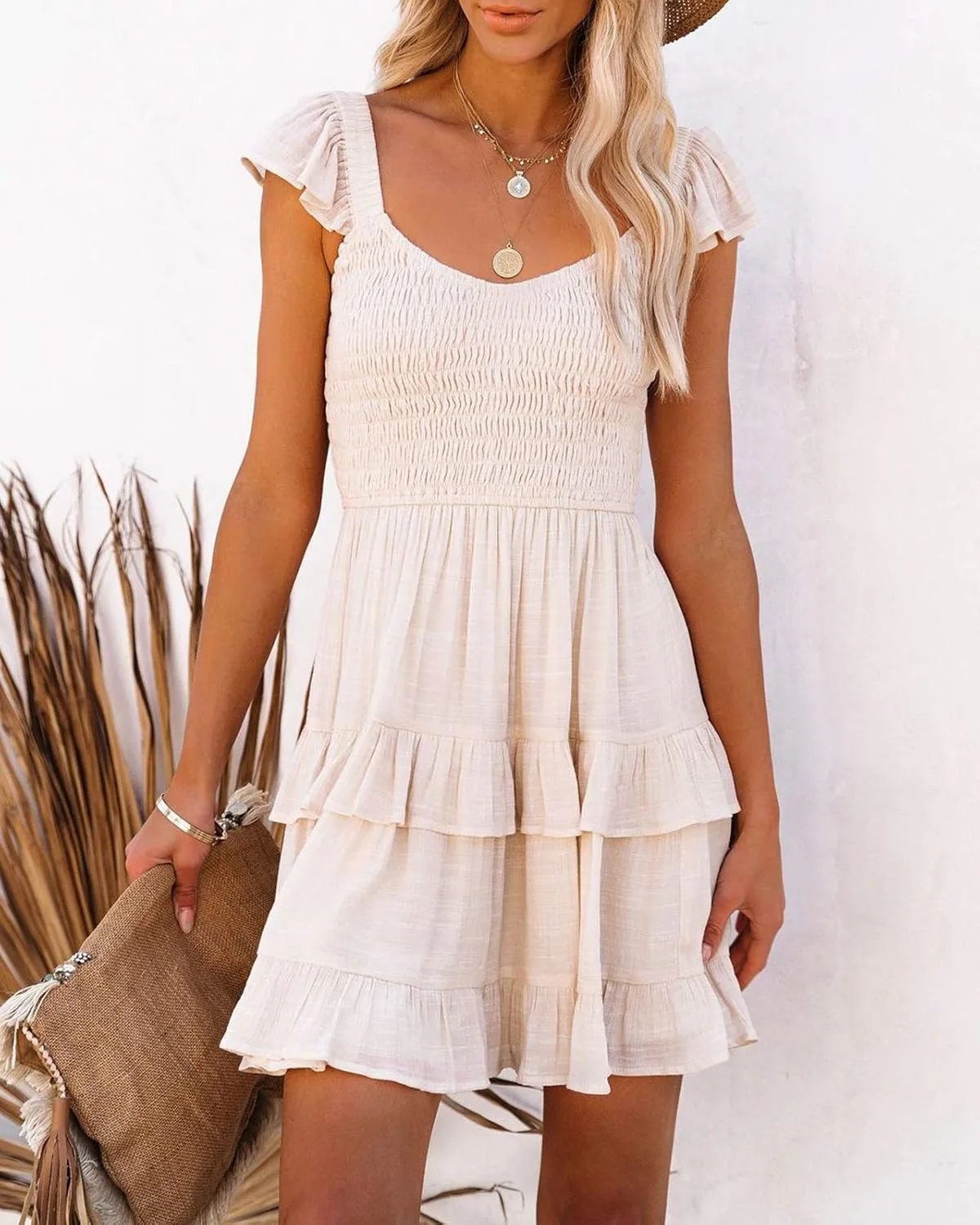 Women Summer Dresses Casual Boho Smocked Ruffle Sun Beach Babydoll Mini Dress Layered Flowy Swing Dress
