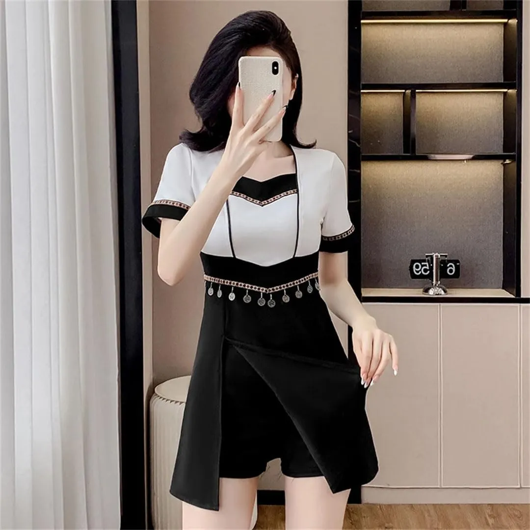 Women Two Piece Set For Chinese Style Slim Fit Style Black Skirt Set