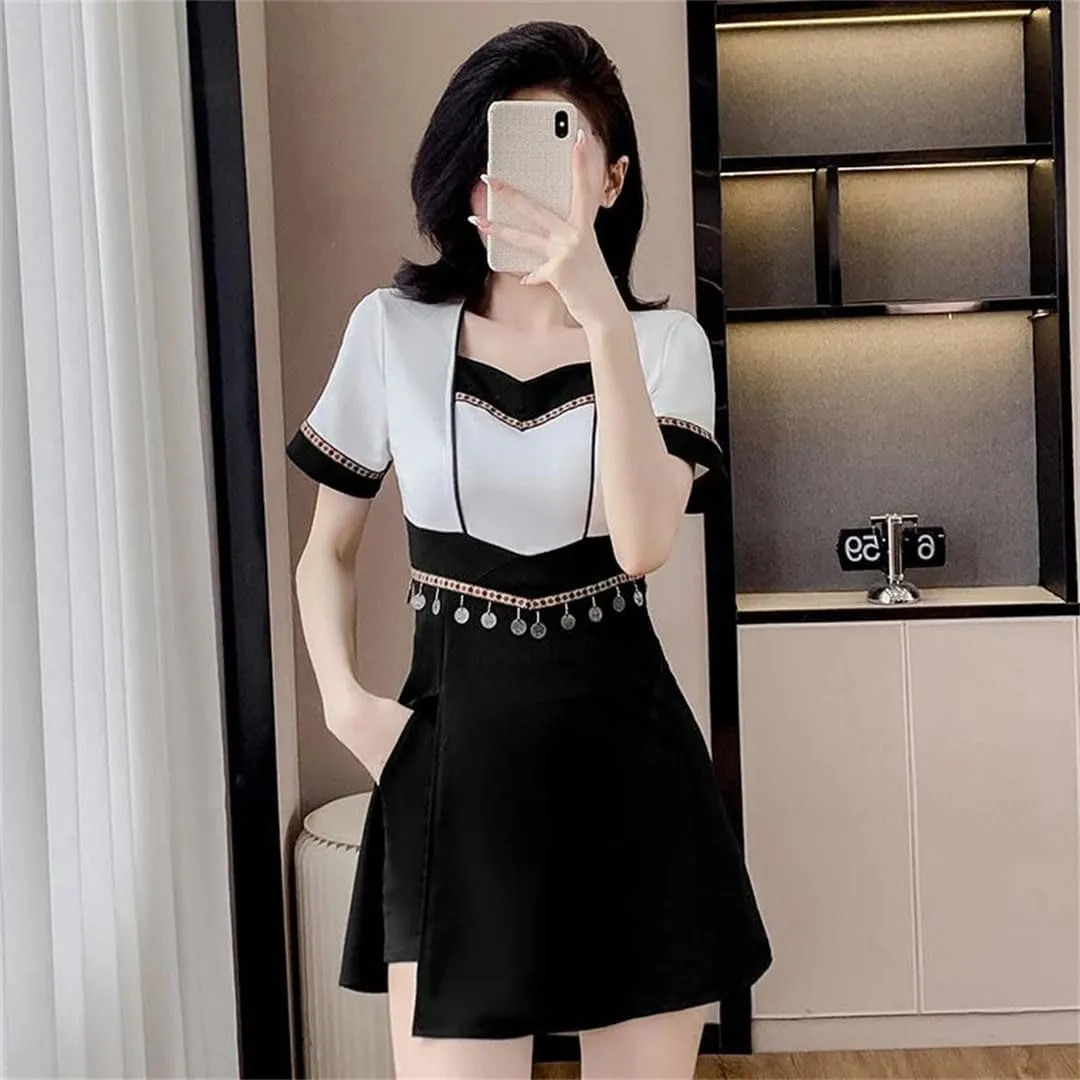 Women Two Piece Set For Chinese Style Slim Fit Style Black Skirt Set