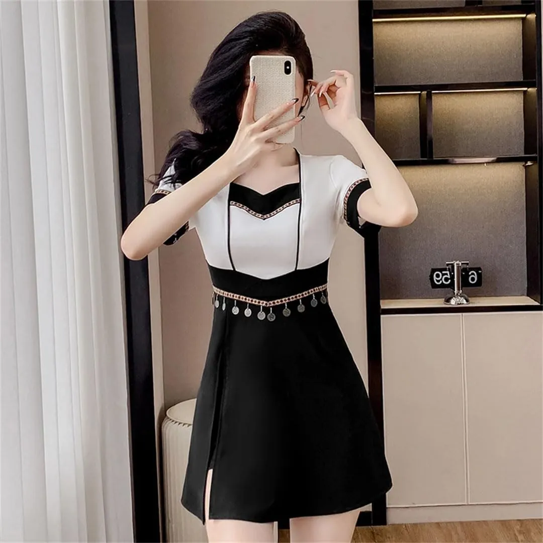 Women Two Piece Set For Chinese Style Slim Fit Style Black Skirt Set