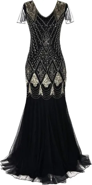 Women Vintage 1920s Gatsby Flapper Evening Party Dress V Neck Art Deco Sequins Mermaid Hem Cocktail Formal Long Maxi Gown