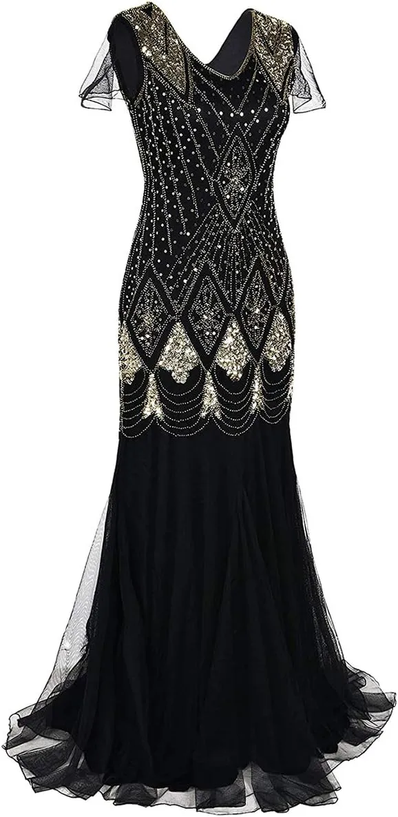 Women Vintage 1920s Gatsby Flapper Evening Party Dress V Neck Art Deco Sequins Mermaid Hem Cocktail Formal Long Maxi Gown