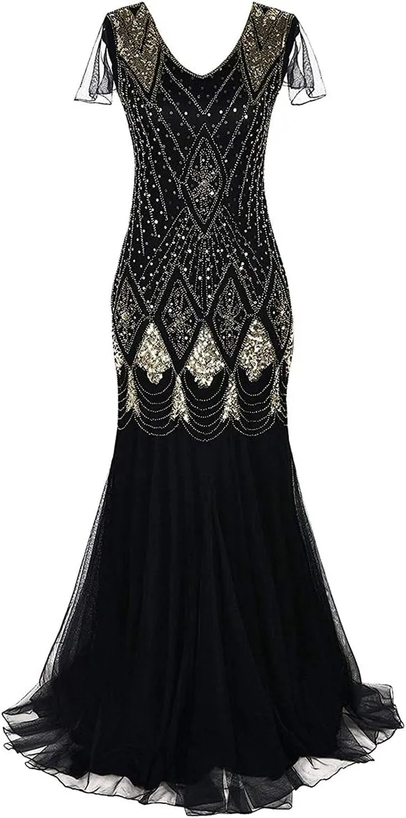 Women Vintage 1920s Gatsby Flapper Evening Party Dress V Neck Art Deco Sequins Mermaid Hem Cocktail Formal Long Maxi Gown