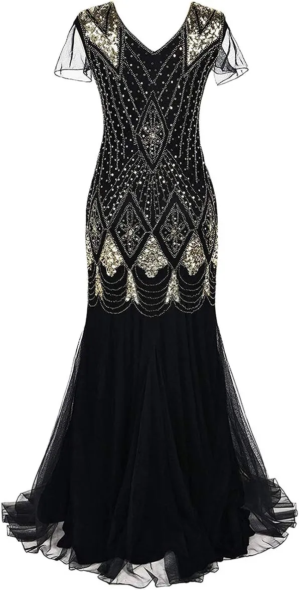 Women Vintage 1920s Gatsby Flapper Evening Party Dress V Neck Art Deco Sequins Mermaid Hem Cocktail Formal Long Maxi Gown