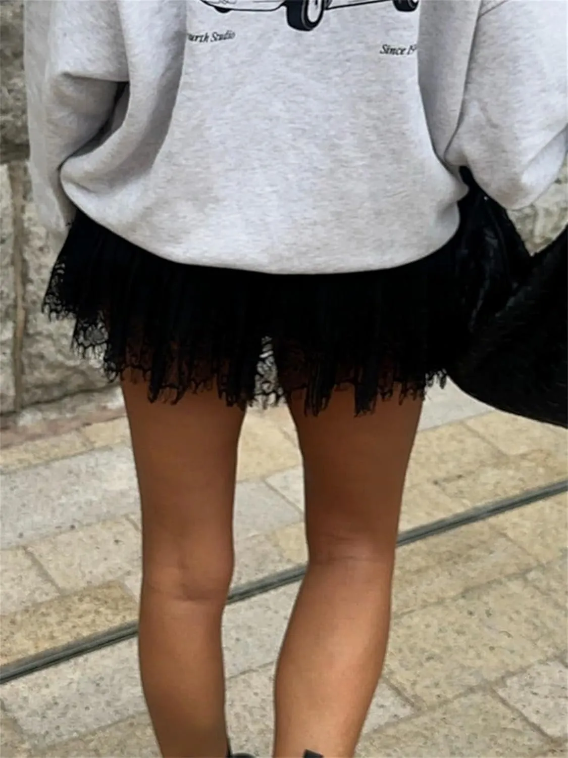 Women Y2k Lace Mini Skirt Fairy Mesh Floral Low Rise Pleated Ruffle Half Slip Skirt Layered Flowy Short Skirt Streetwear
