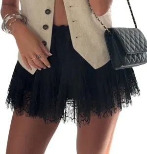 Women Y2k Lace Mini Skirt Fairy Mesh Floral Low Rise Pleated Ruffle Half Slip Skirt Layered Flowy Short Skirt Streetwear