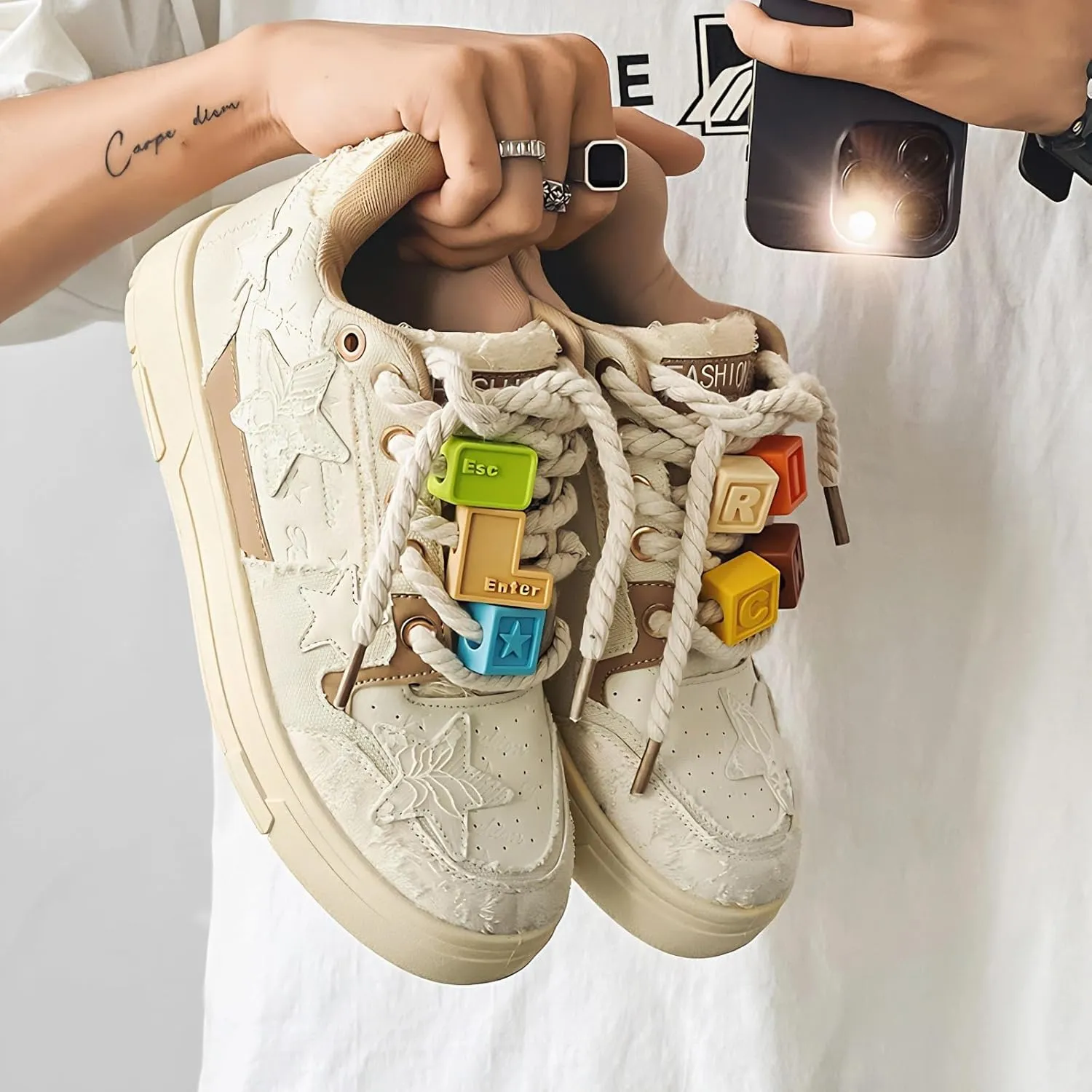 Women Y2K Platform Sneakers, Retro Star Patch Streetwear, Unique Lace Blocks Charms Height Boost Trainers Couple Match