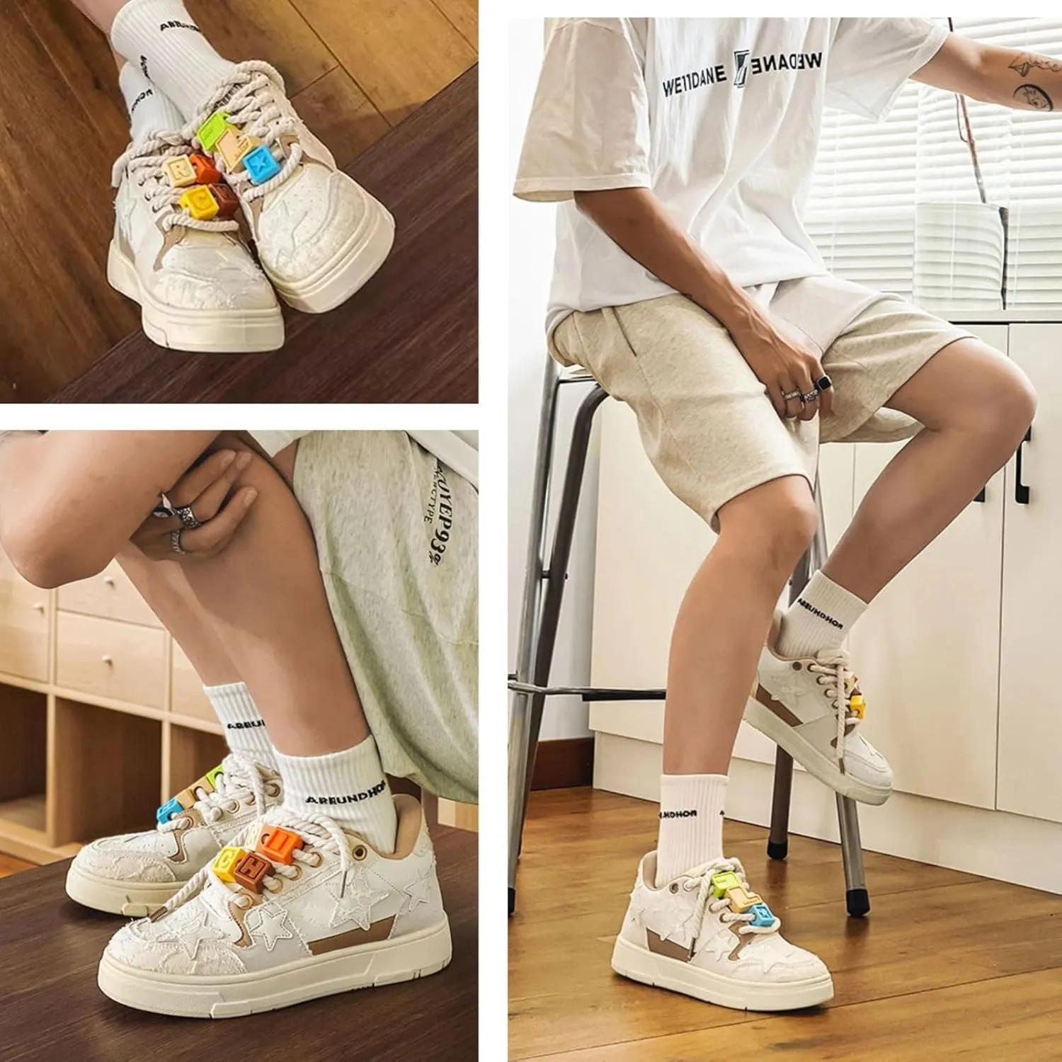 Women Y2K Platform Sneakers, Retro Star Patch Streetwear, Unique Lace Blocks Charms Height Boost Trainers Couple Match