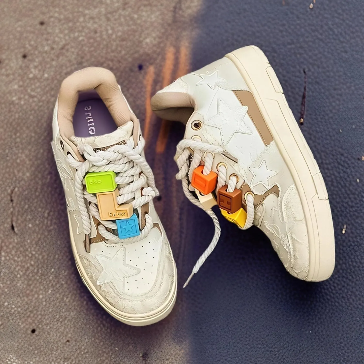 Women Y2K Platform Sneakers, Retro Star Patch Streetwear, Unique Lace Blocks Charms Height Boost Trainers Couple Match