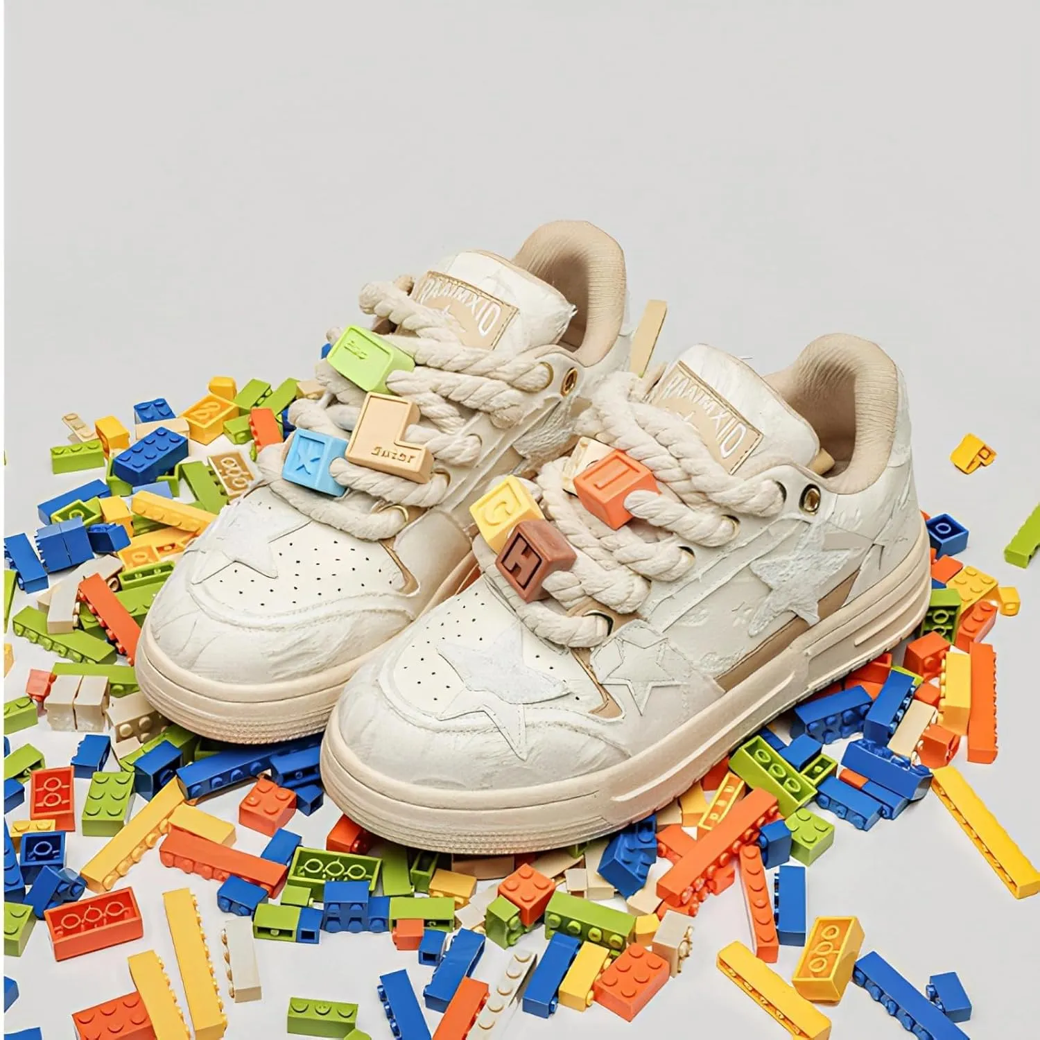 Women Y2K Platform Sneakers, Retro Star Patch Streetwear, Unique Lace Blocks Charms Height Boost Trainers Couple Match