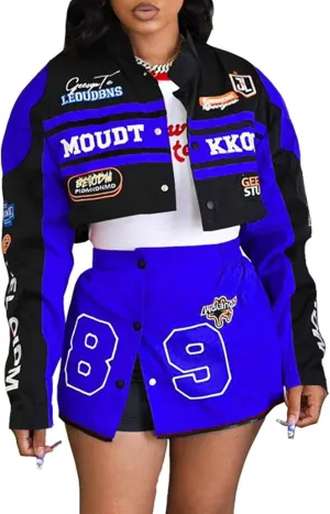 Women's 2 Piece Outfits Long Sleeve Crop Jacket Top Bodycon Mini Skirt Set Y2k Streetwear Birthday Club Outfits
