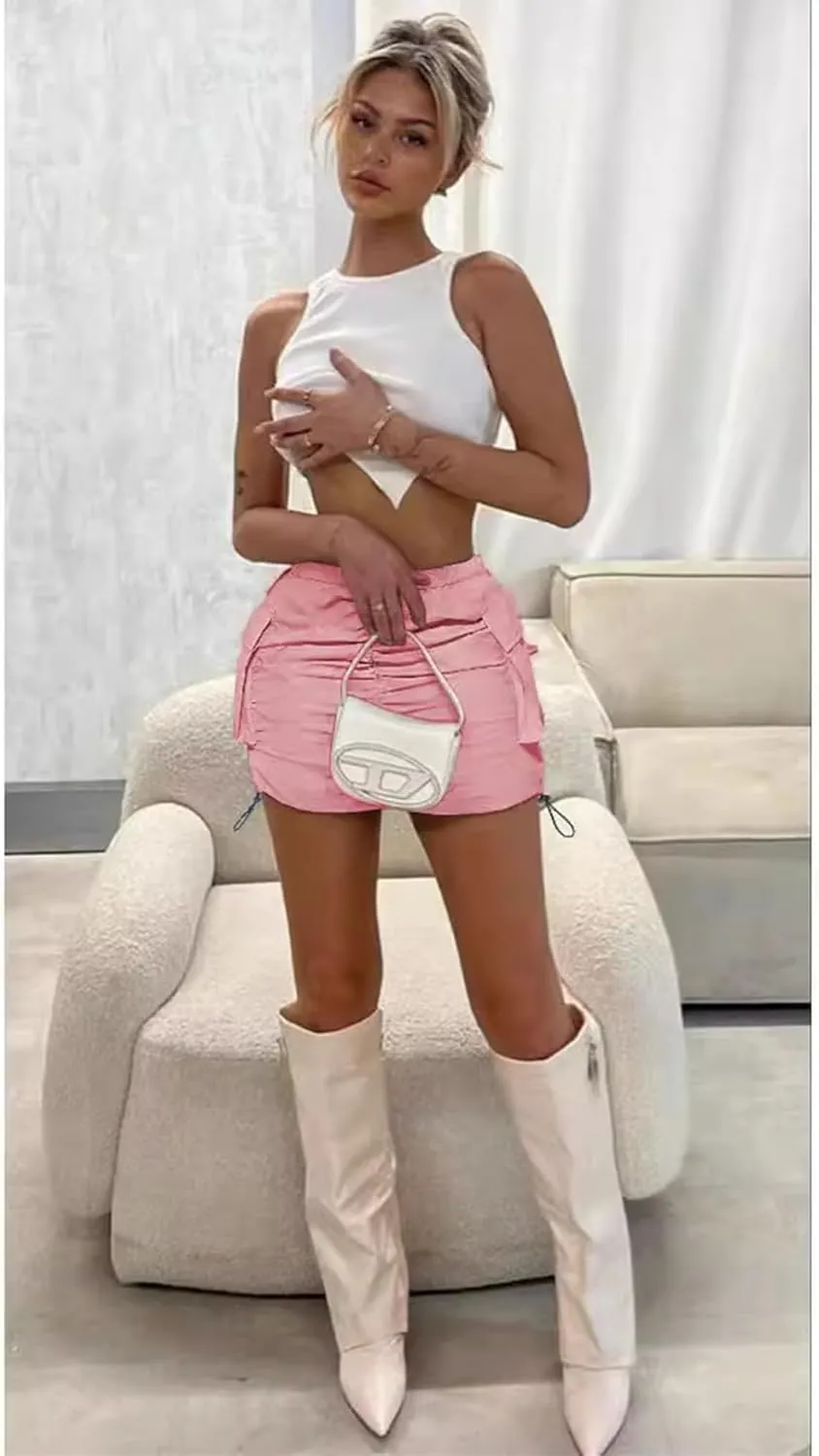 Women's Cargo Skirt Y2k High Waisted Pencil Bodycon Mini Skirts for Women Sexy Trendy Drawstring Ruched Cute