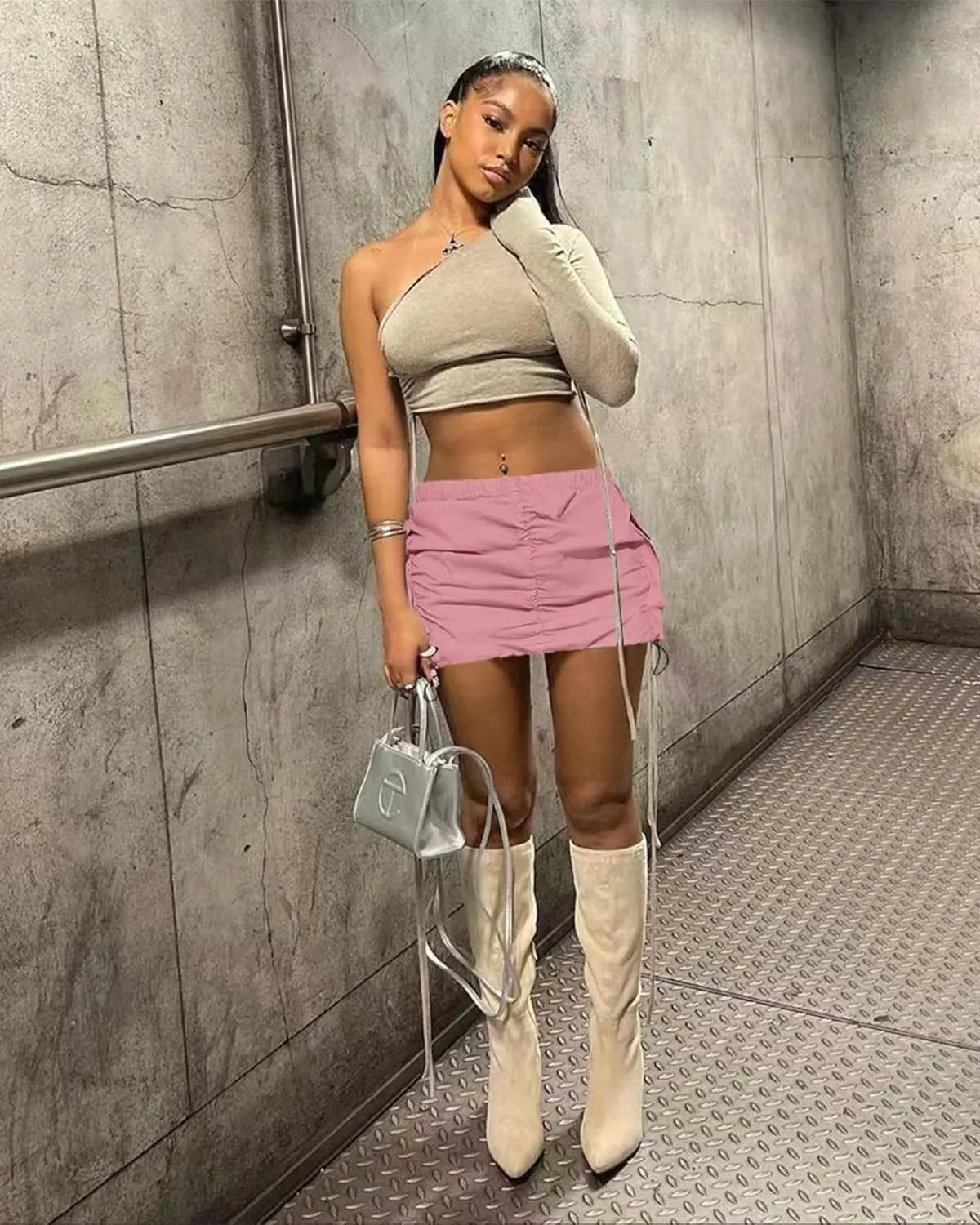 Women's Cargo Skirt Y2k High Waisted Pencil Bodycon Mini Skirts for Women Sexy Trendy Drawstring Ruched Cute