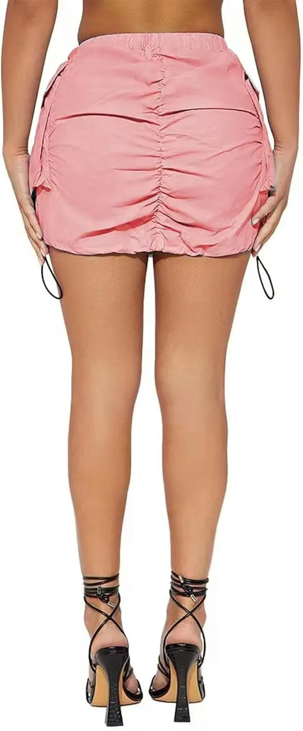 Women's Cargo Skirt Y2k High Waisted Pencil Bodycon Mini Skirts for Women Sexy Trendy Drawstring Ruched Cute