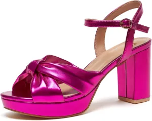 Women's Chunky Platform Heels with Adjustable Ankle Strap - Open Toe Bowknot Block Heel Strappy Sandals, Wedding Party Dressy Shoes Summer Sandals