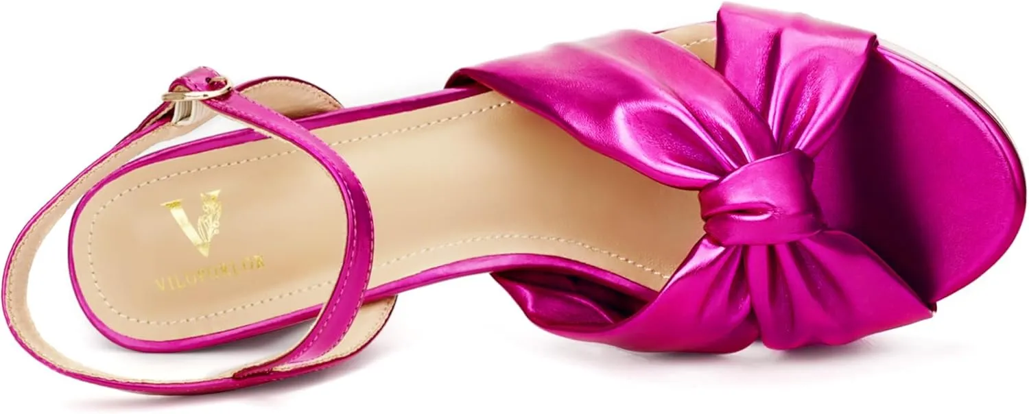 Women's Chunky Platform Heels with Adjustable Ankle Strap - Open Toe Bowknot Block Heel Strappy Sandals, Wedding Party Dressy Shoes Summer Sandals