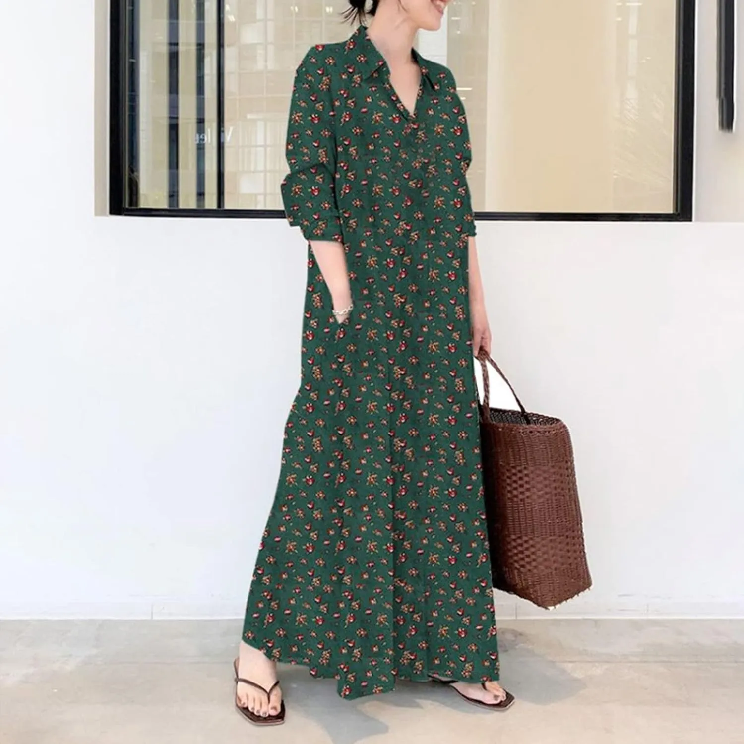Women's Cotton Linen Dress Plus Size Summer Button Long Shirt Dress Casual Loose Fashion Floral Long Dress with Pockets