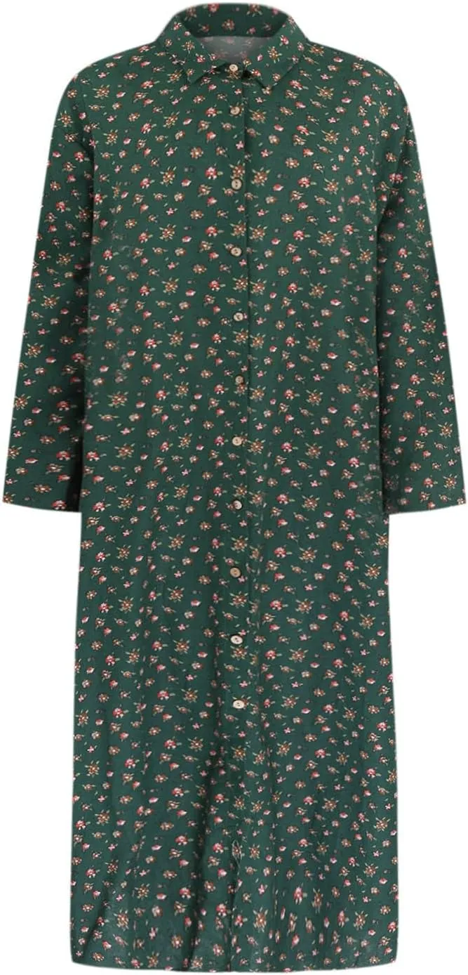 Women's Cotton Linen Dress Plus Size Summer Button Long Shirt Dress Casual Loose Fashion Floral Long Dress with Pockets