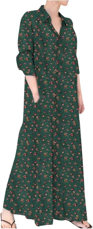 Women's Cotton Linen Dress Plus Size Summer Button Long Shirt Dress Casual Loose Fashion Floral Long Dress with Pockets