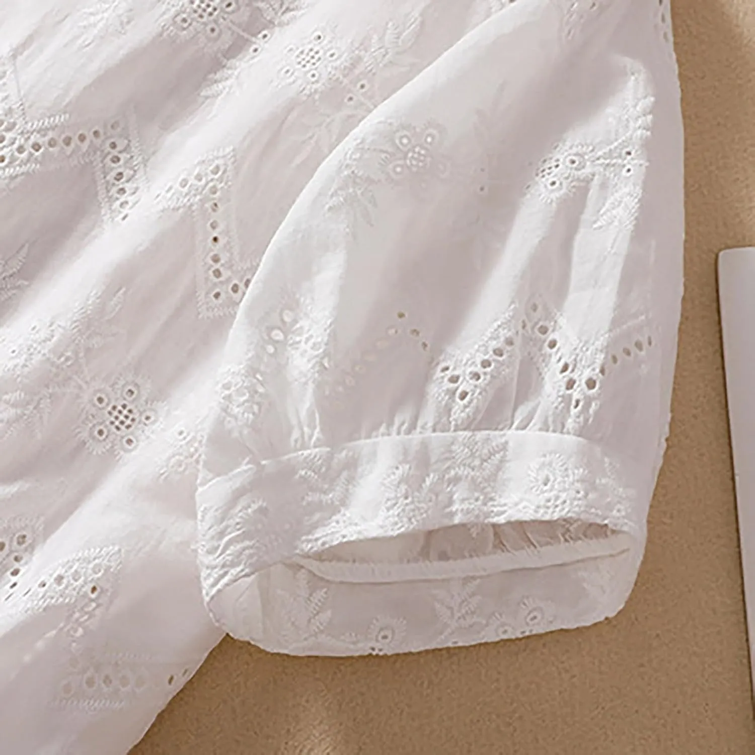 Women's Cotton Linen Embroidered Shirt Tops Boho 3/4 Sleeeve Tunic Top Dressy Elegant Blouse